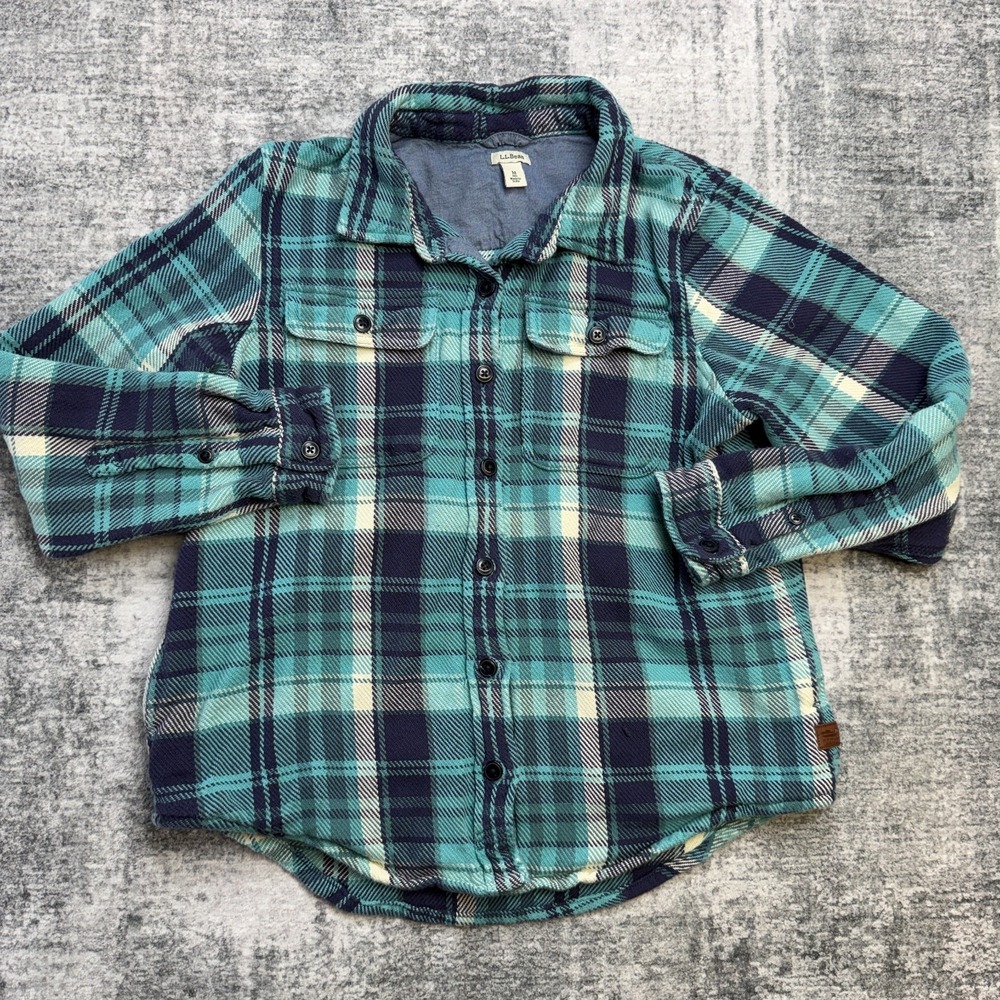 LL Bean Shirt Women Medium Teal Blue 1912 Overshirt Woven Blanket Shacket Pocket